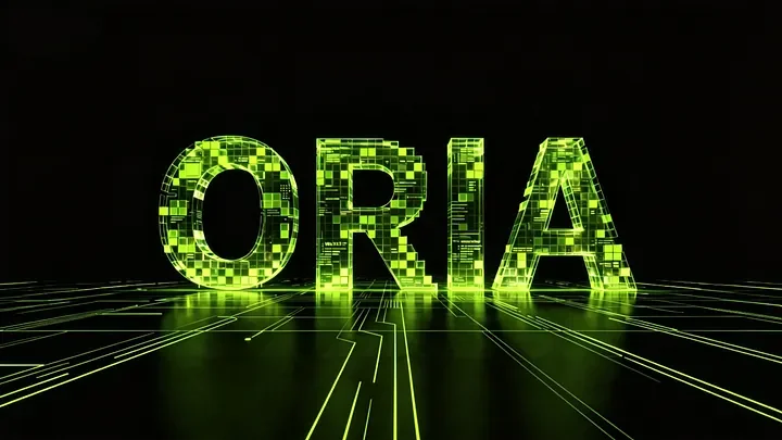 Green Oria lettering over a dark digital grid